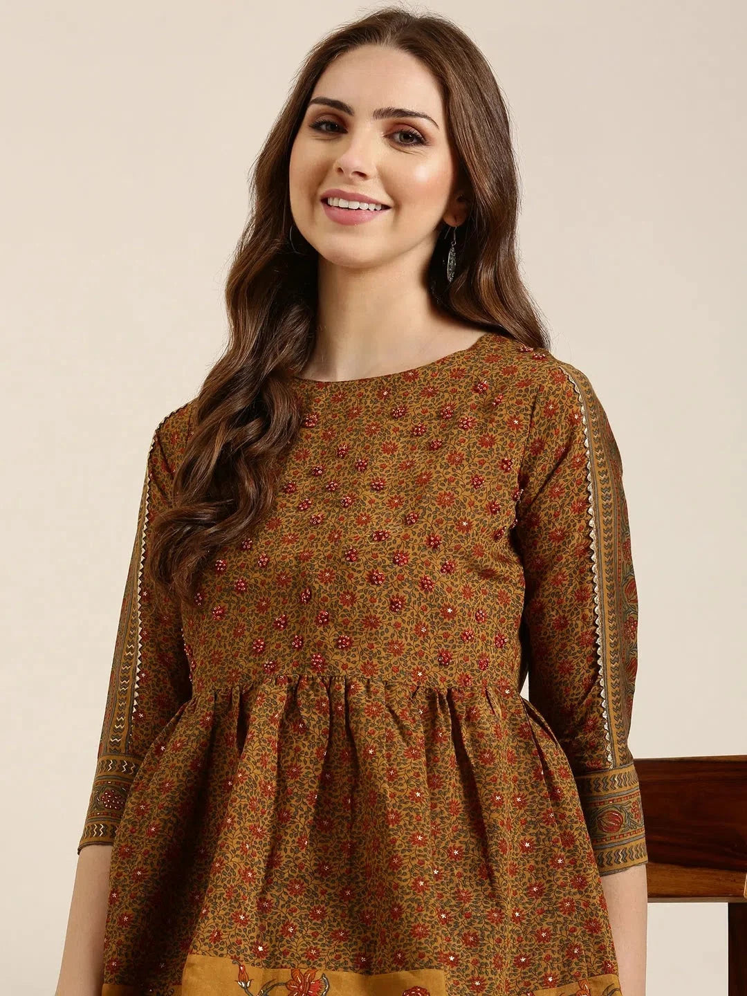 Women Mustard Floral A-Line Kurti-GW-3338-Mustard
