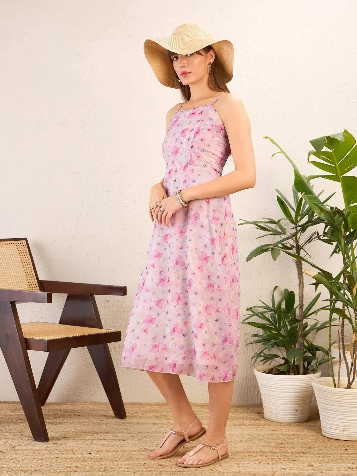 Pink Floral Midi Dress - Women's Strappy Fit & Flare Dress