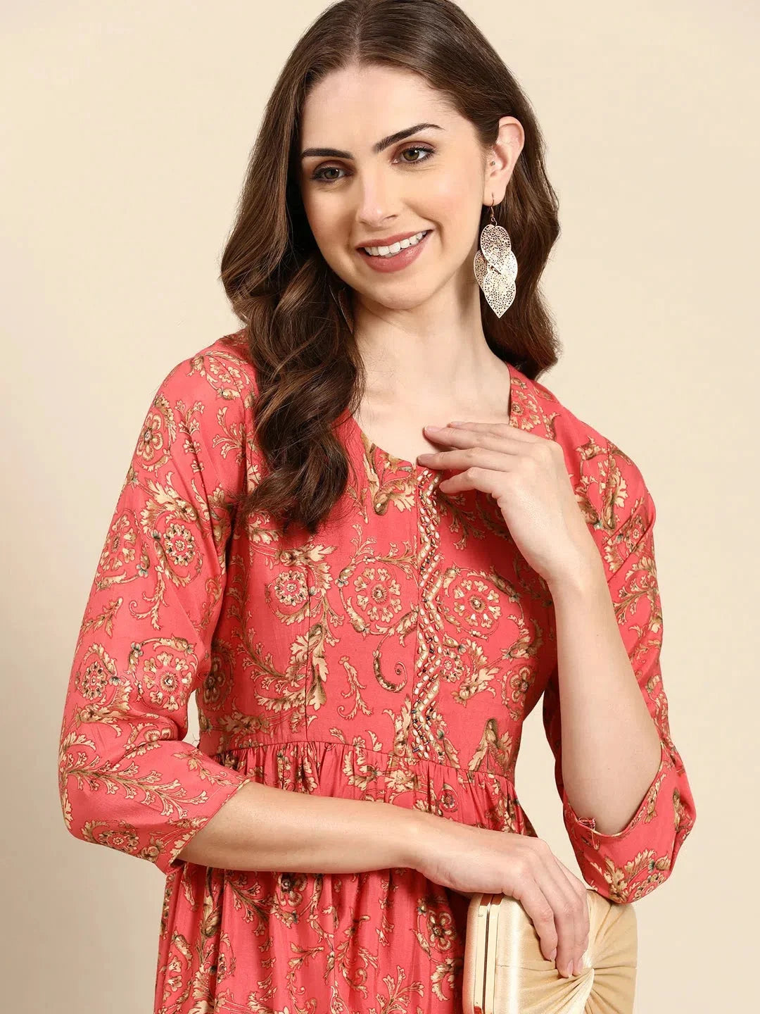 Coral Ethnic Motifs Women's Kurta Set | Designer Kurta Sets