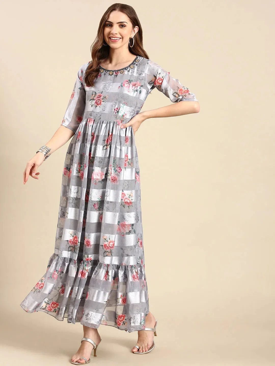 Grey Floral Anarkali Kurta for Women | Nylon Anarkali Kurti