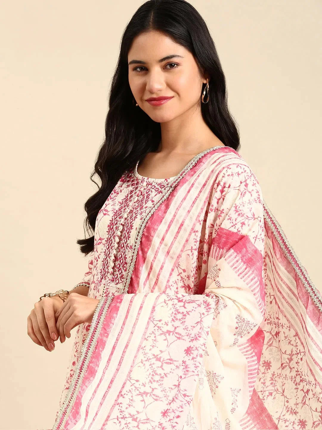 Cream Floral Cotton Kurta Set | Women's Indian Kurta Sets - Style 1