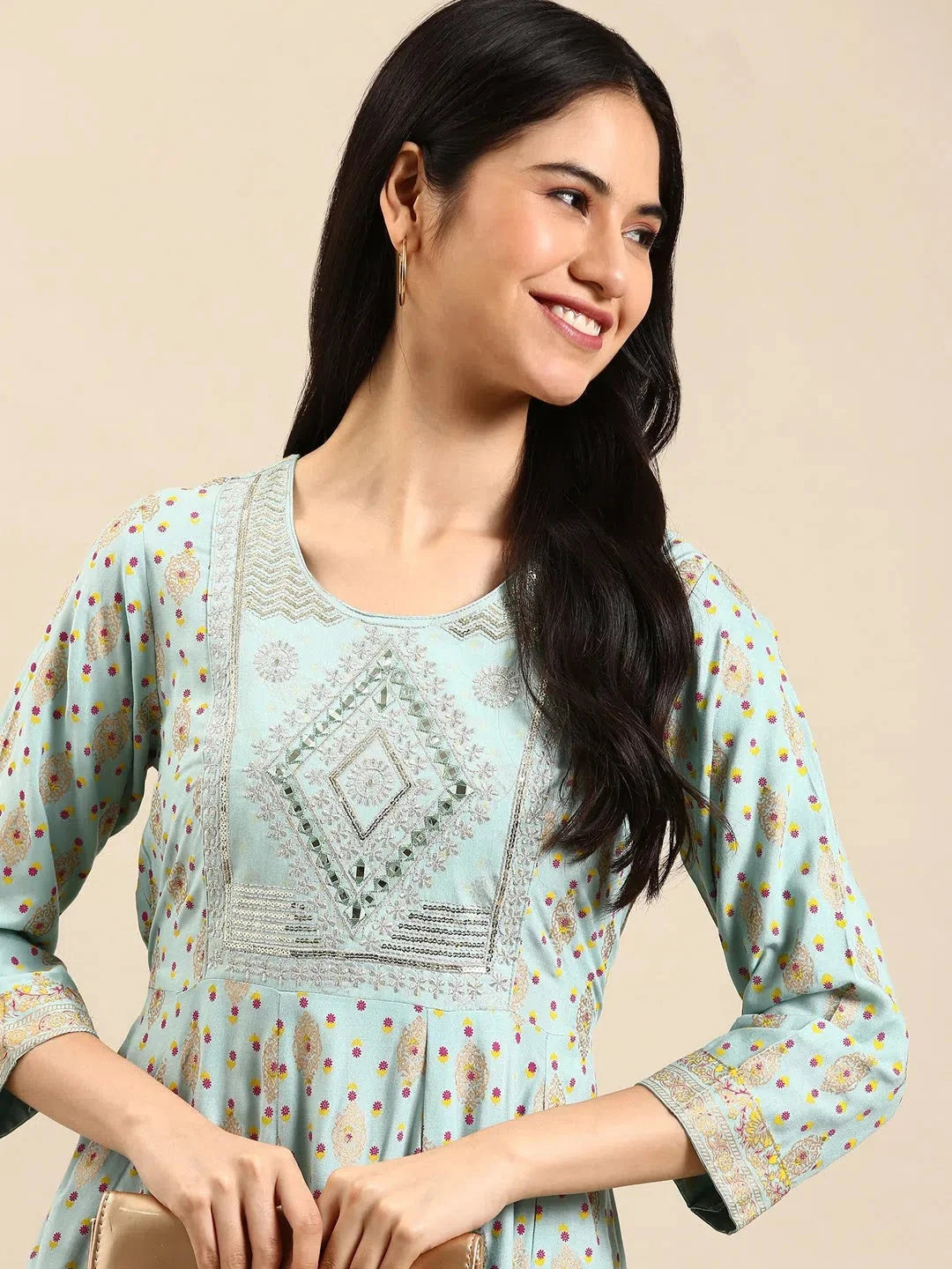 Blue Printed Anarkali Kurta - Women's Polyester Anarkali Kurti