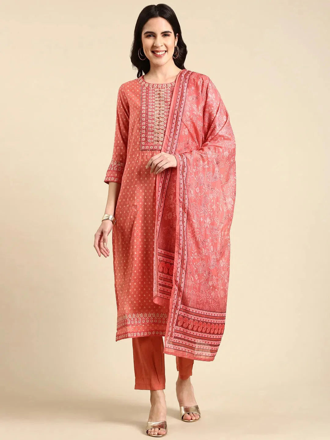 Peach Embroidered Kurta Set for Women | Designer Kurta Sets