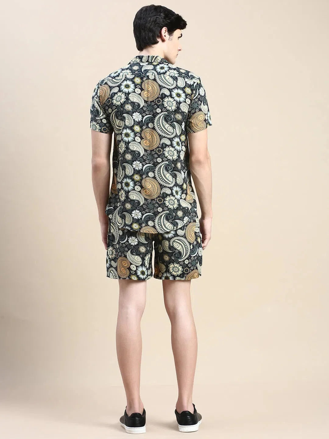 Men's Printed Co ord Set | Black Cotton Casual Two Piece Set