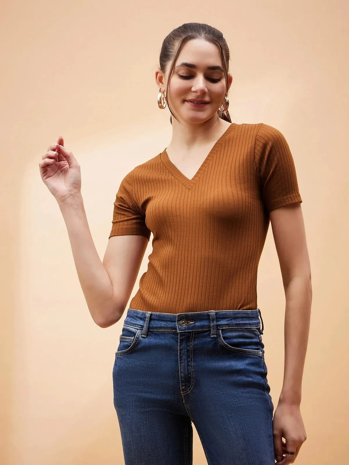 Brown Rib V-Neck Bodysuit | Women's Western Wear Outfits