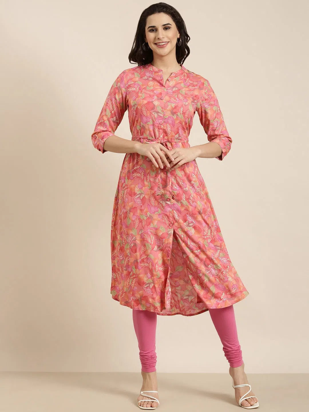 Floral Viscose Kurta - Pink Indian Kurtas for Women Online