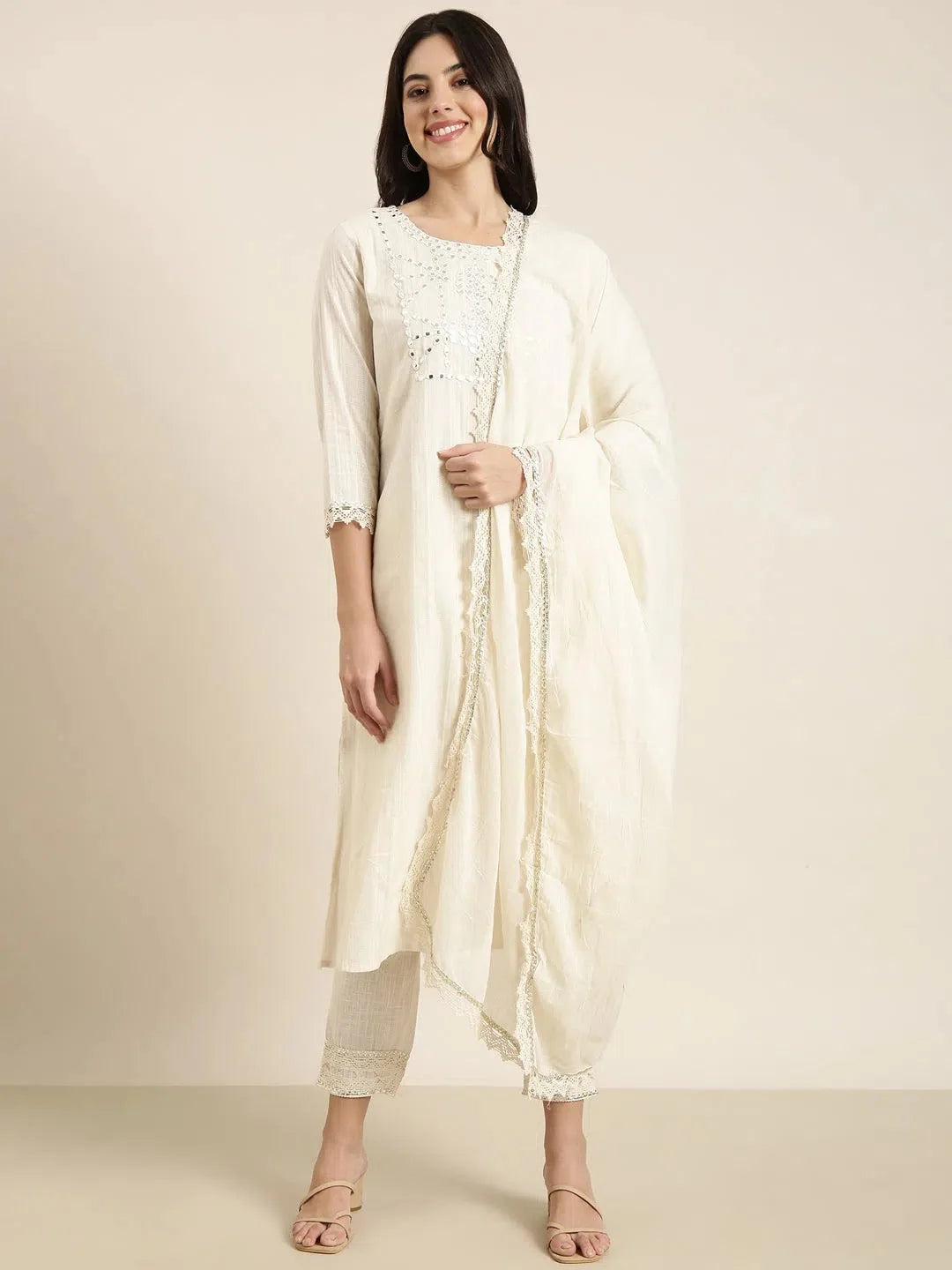 Cream Solid Kurta Set with Dupatta | Women's Indian Kurta Sets