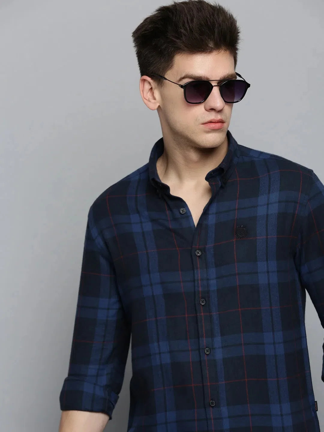 Men's Navy Checkered Cotton Shirt | Casual Mens Shirt