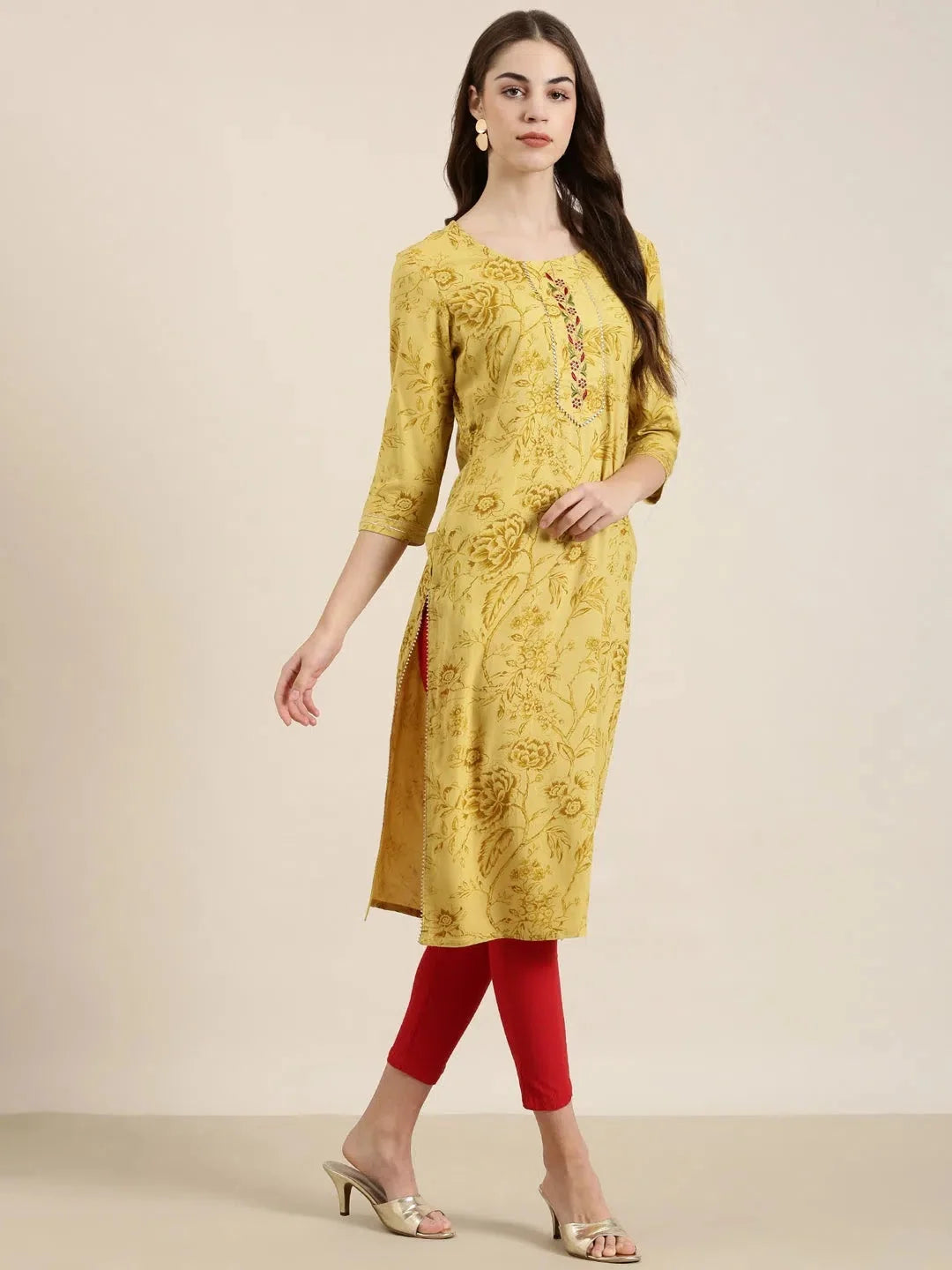 Mustard Floral Kurta for Women | Cotton Indian Kurtis Design