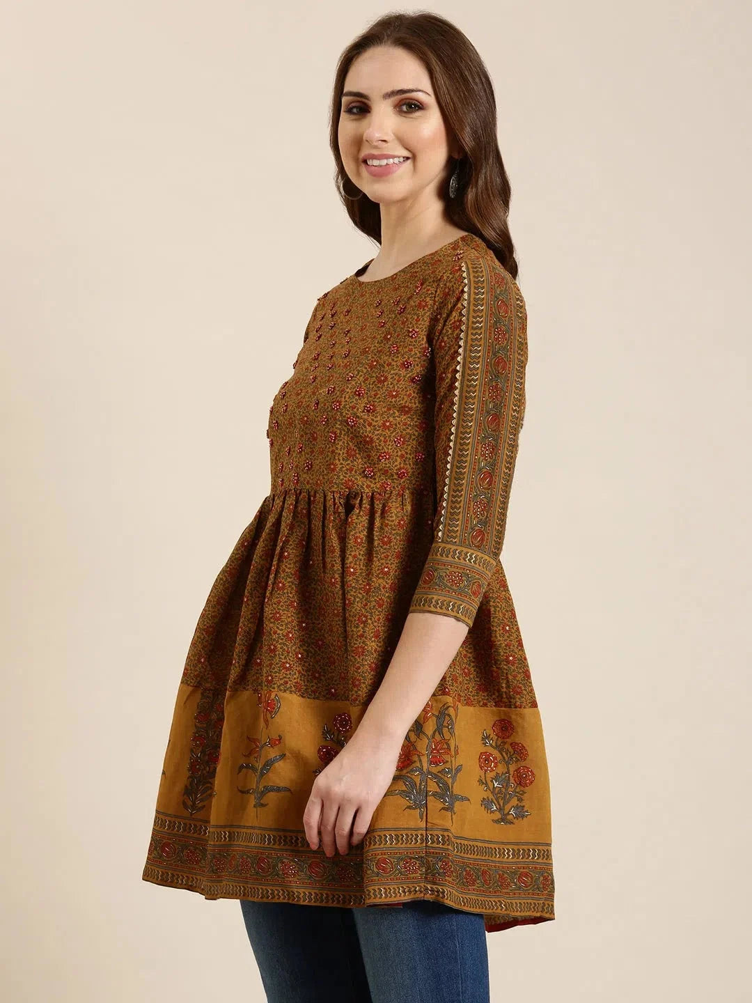 Mustard Floral A-Line Kurti - Stylish Indian Kurta for Women