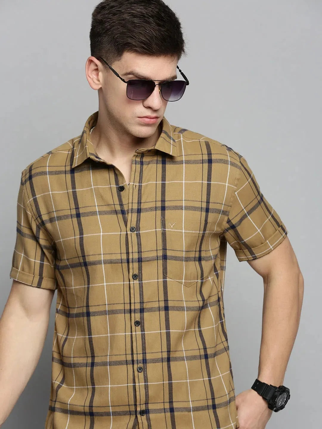 Men Beige Checked Casual Shirt-MAYACHECKS-4400-Khaki