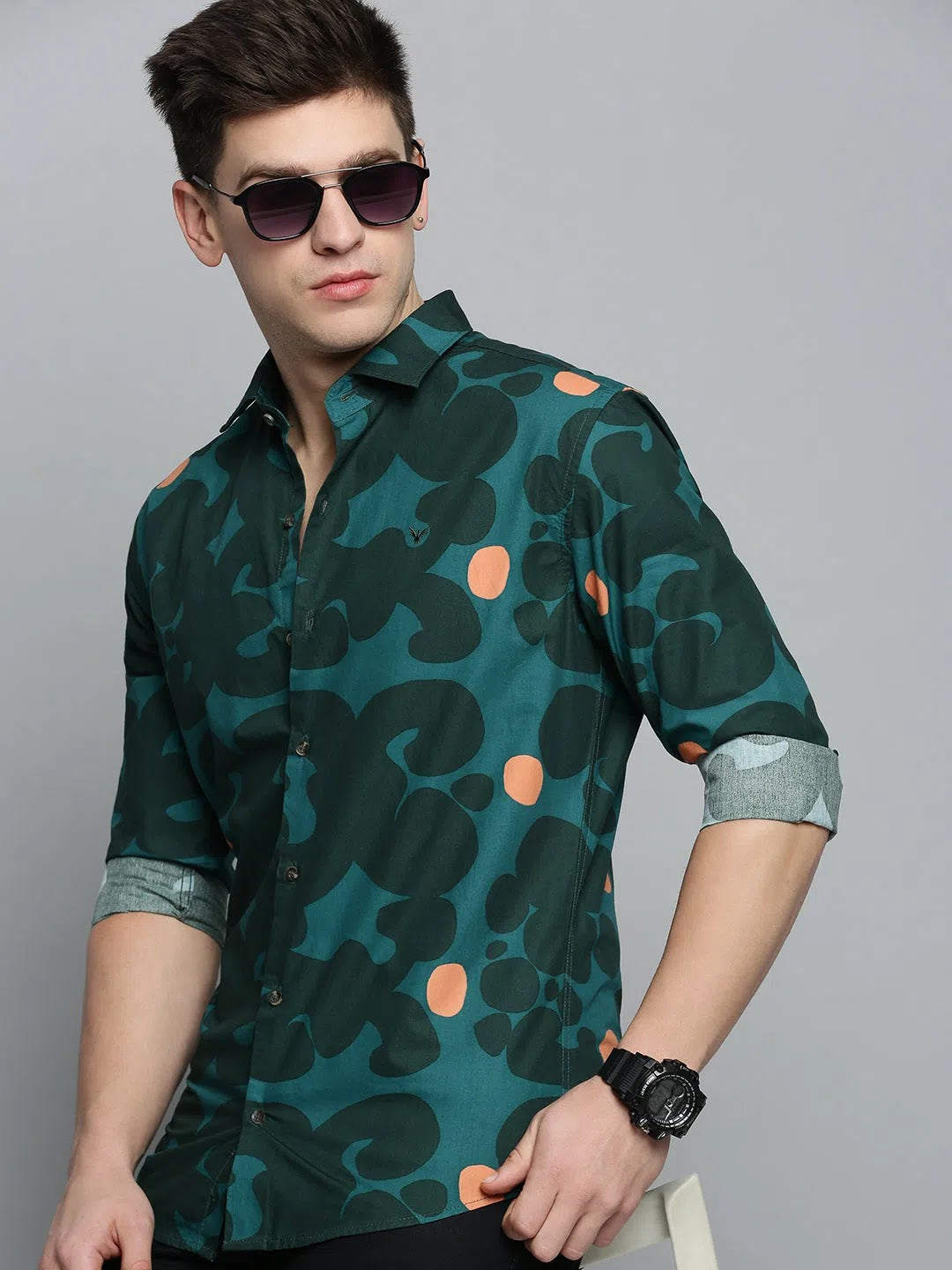 Men Green Colourblock Casual Shirt-GRADEPRINT-4147-Green