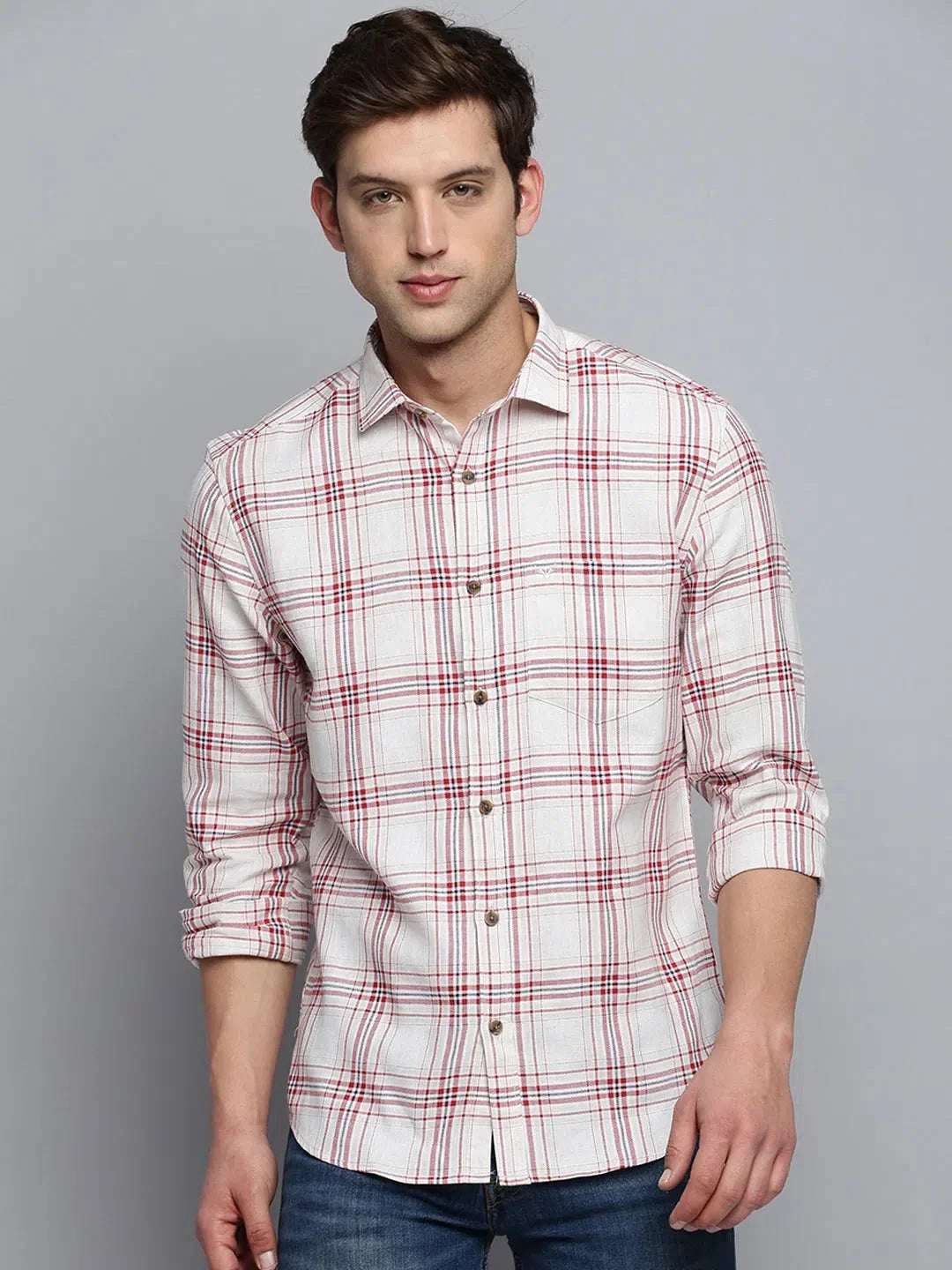 Beige Checked Mens Shirt - Cotton Casual Shirt by DesiQlo