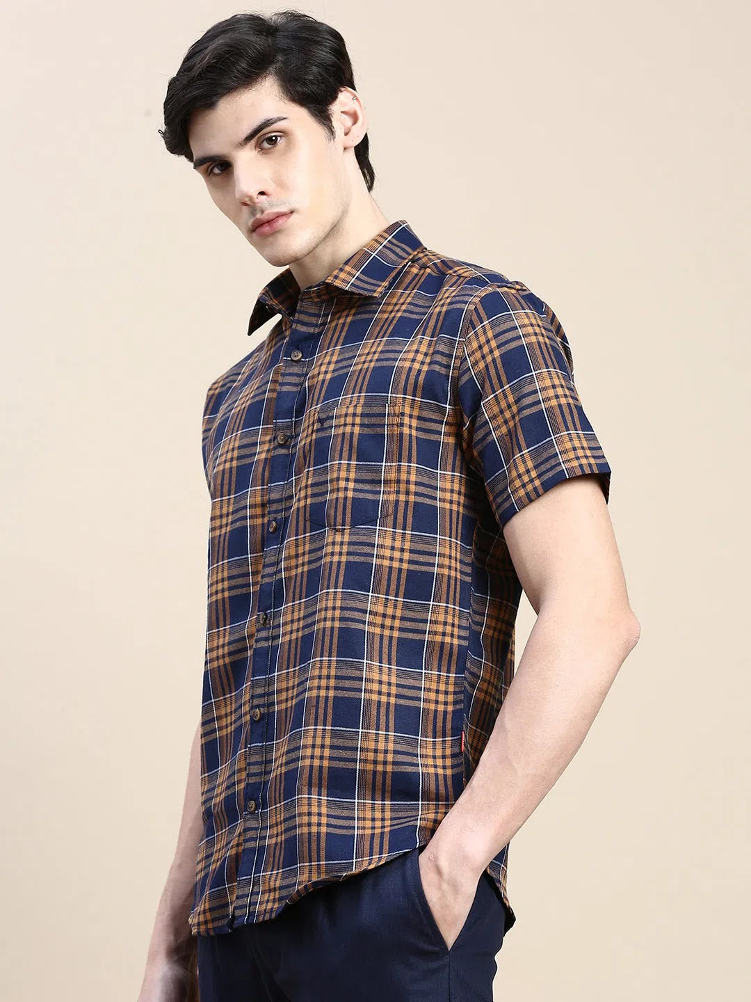 Navy Checkered Mens Shirt - Cotton Casual Shirt DesiQlo