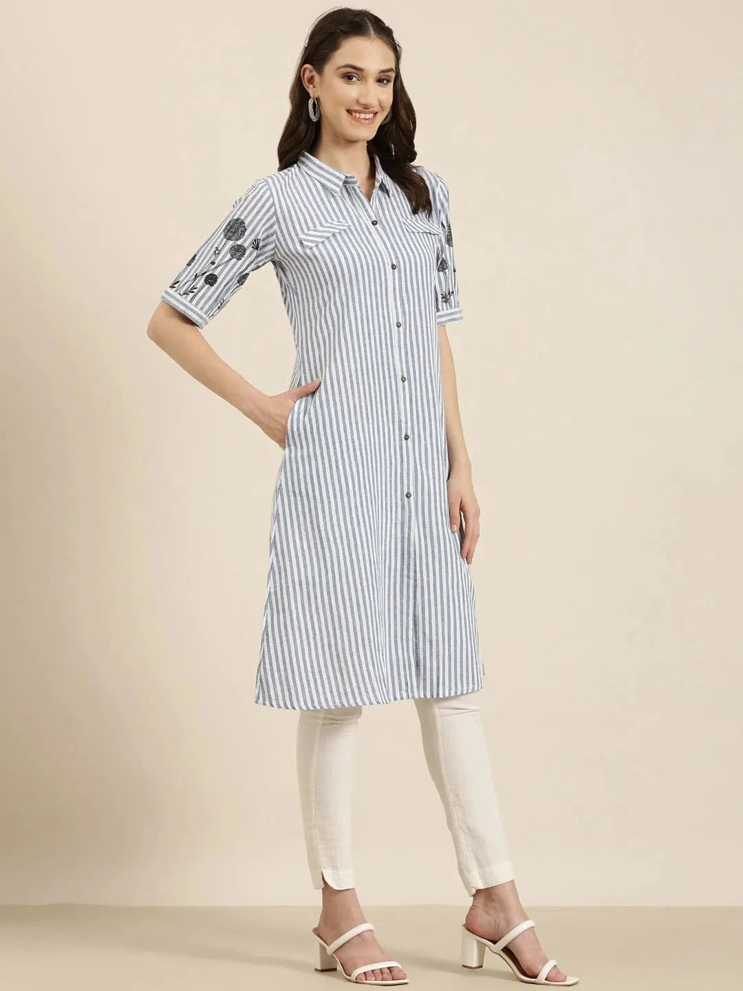Blue Striped Indian Kurta - Comfortable Cotton Kurtas for Women