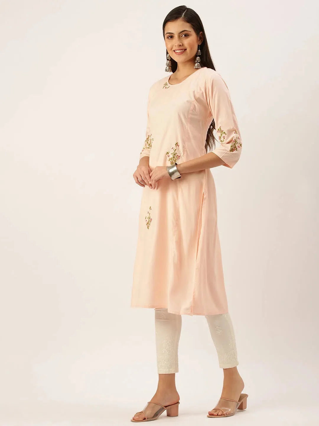Peach Embroidered Cotton Kurta - Stylish Indian Kurtis