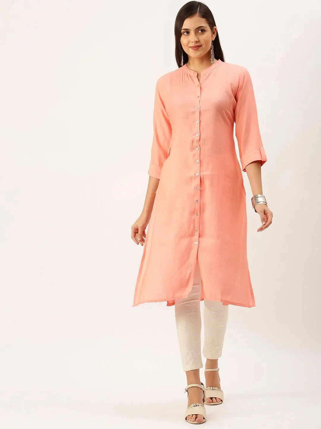 Peach Solid Straight Cotton Indian Kurta for Women Stylish