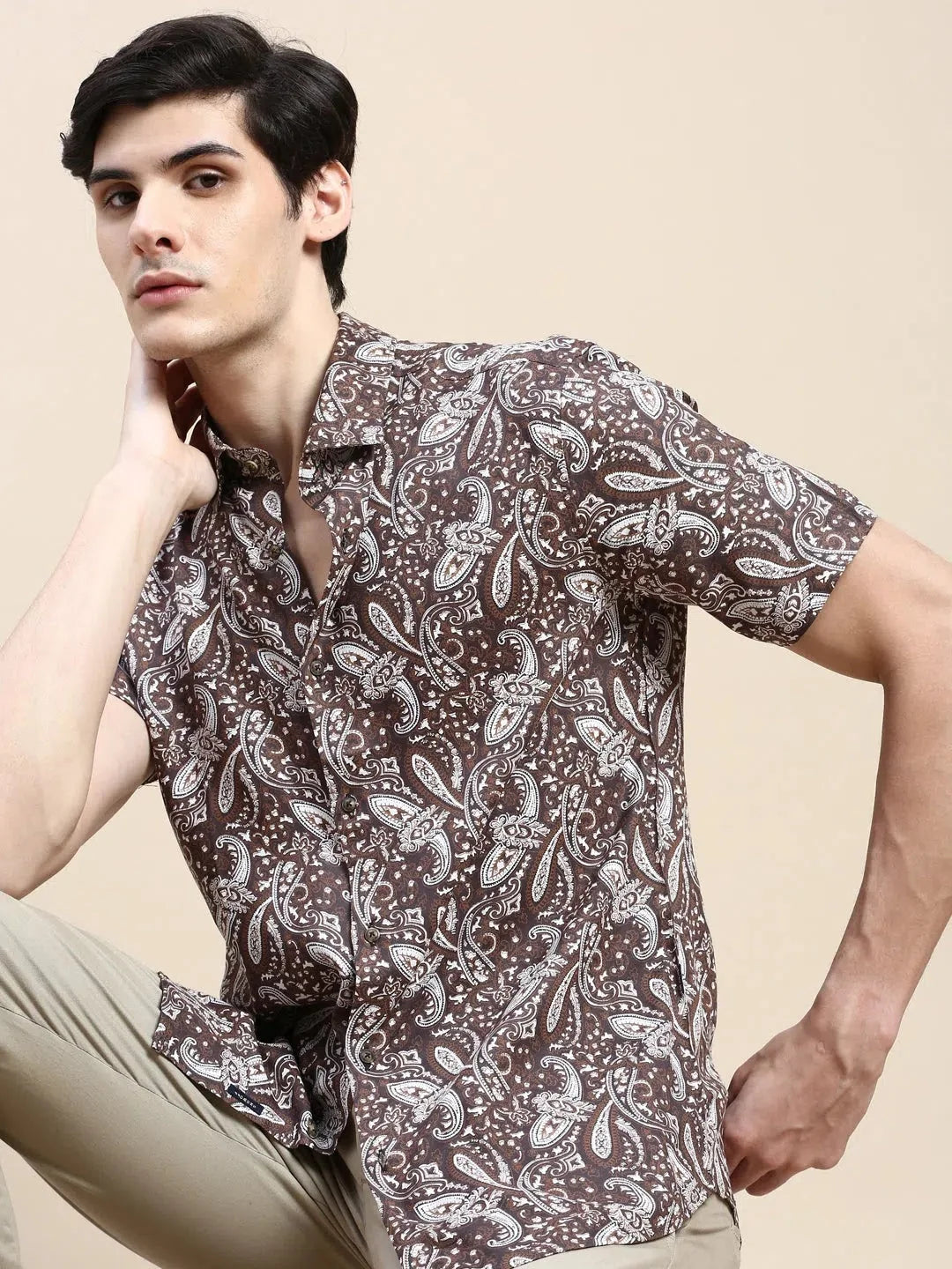 Men Brown Printed Casual Shirt-GEORGE-1626-Coffeebrown