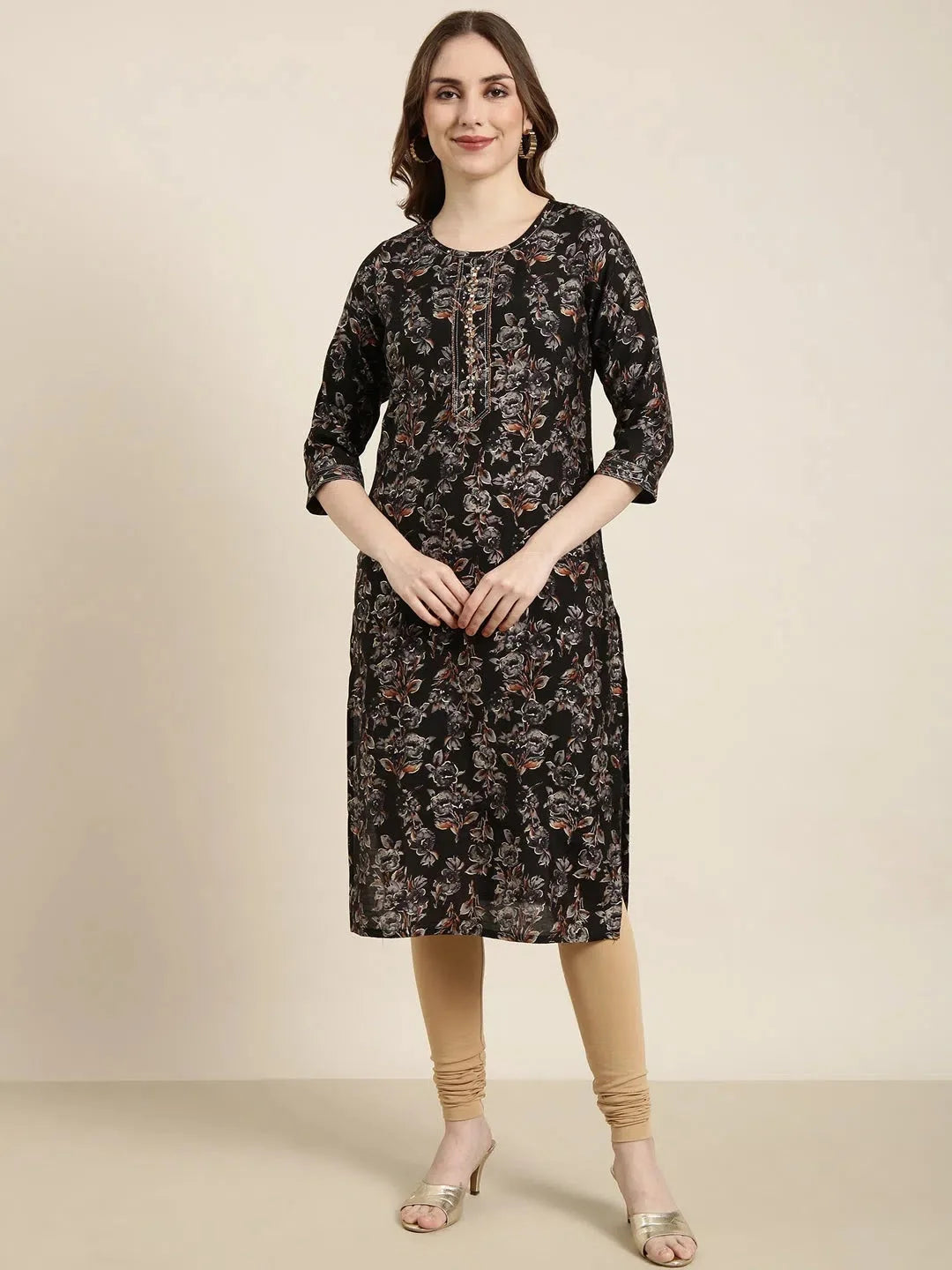 Black Floral Print Cotton Kurta | Women's Indian Kurtis Online
