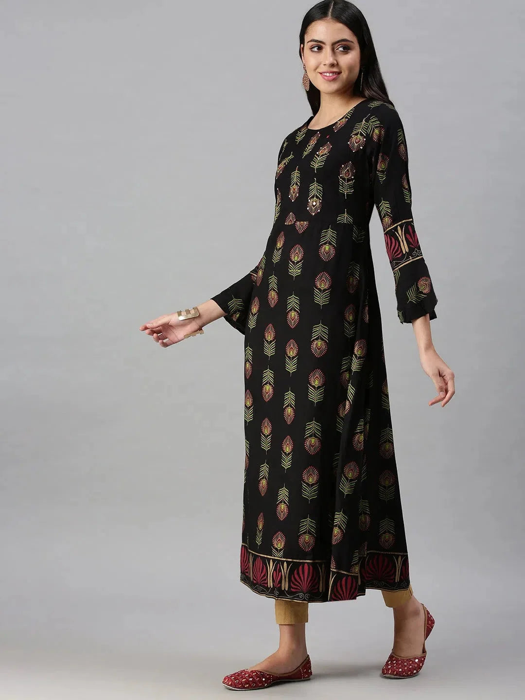 Black Printed Cotton Anarkali Kurta - Women's Anarkali Kurtis