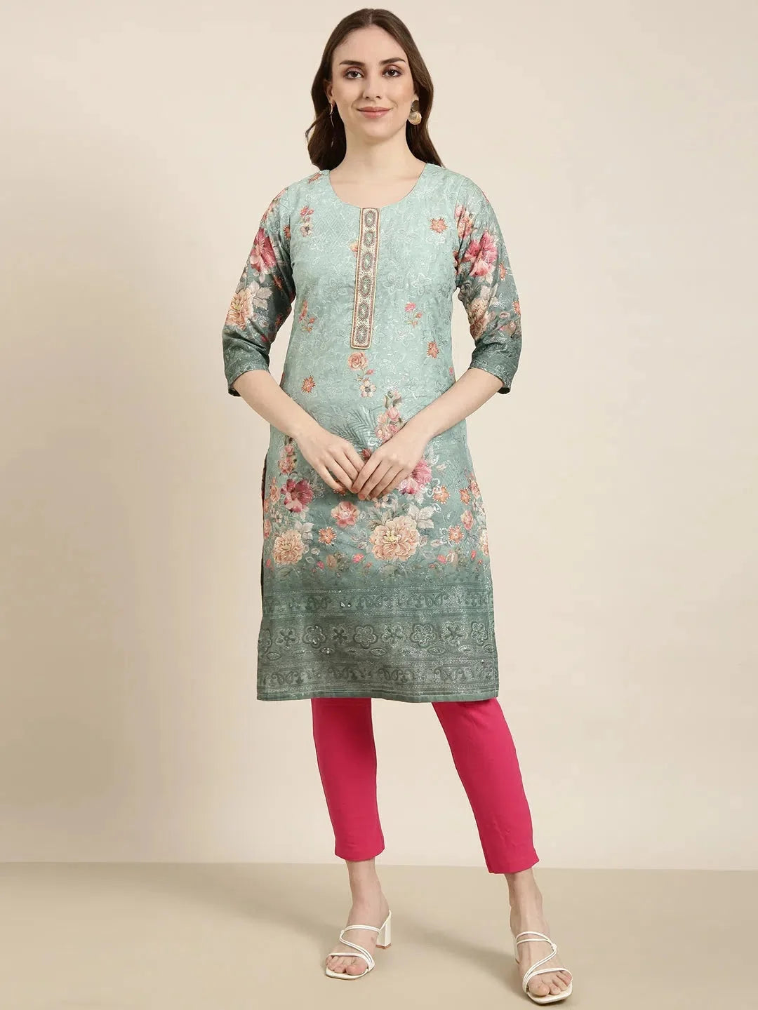 Green Floral Cotton Kurta - Indian Kurtas for Women Online