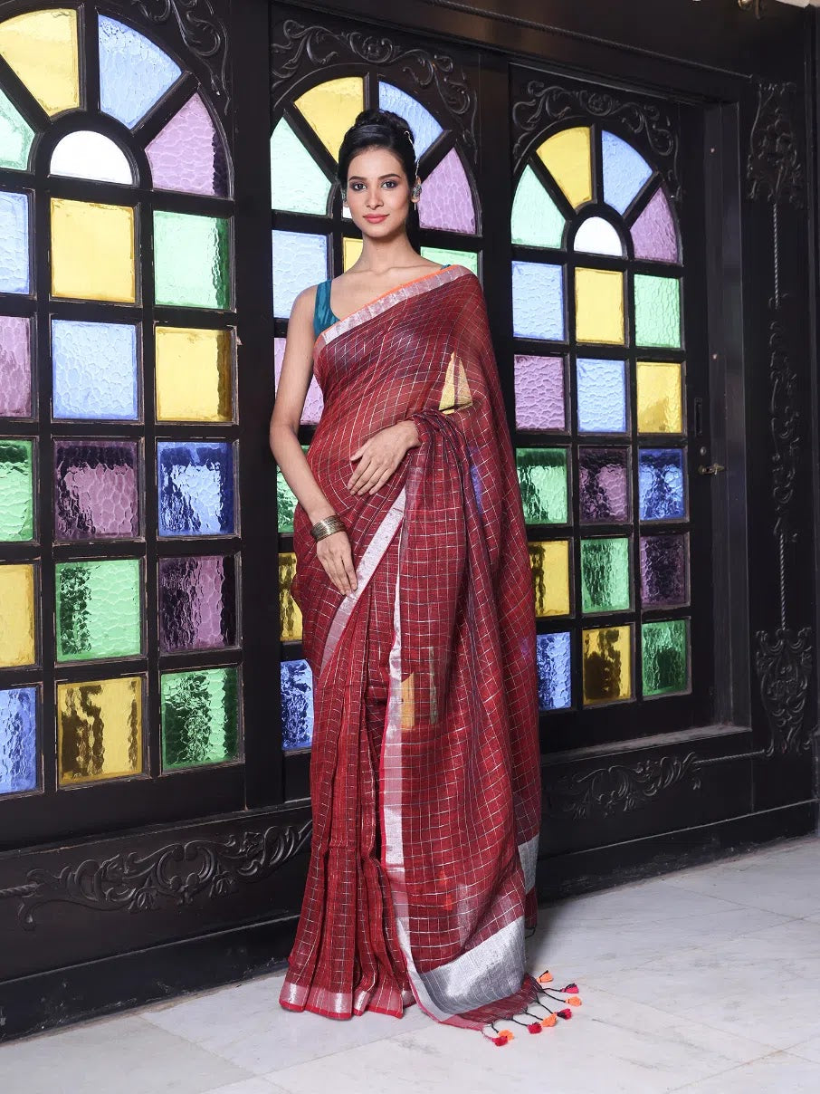 Maroon Linen Check Saree with Zari - Designer Sarees India