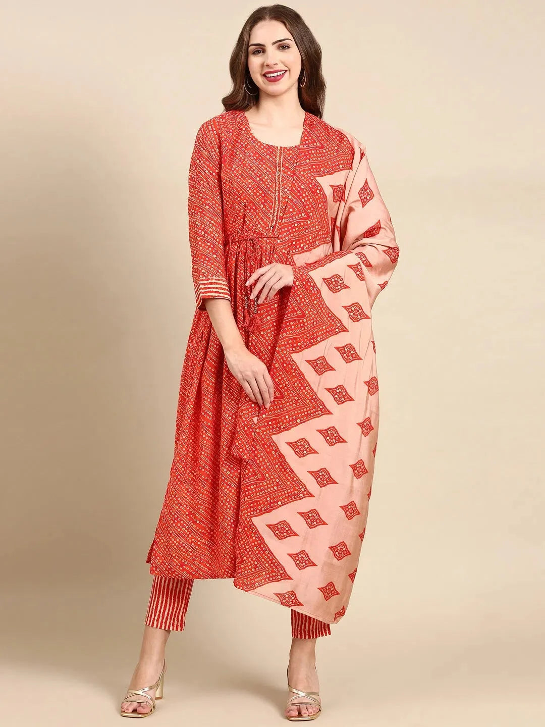 Orange Bandhini Print Kurta Set - Women's Indian Kurta Sets