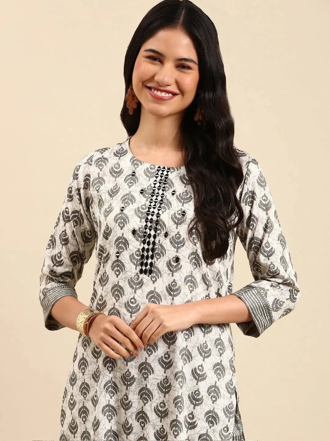 Women's White Printed Kurta SetKC-910-Offwhite