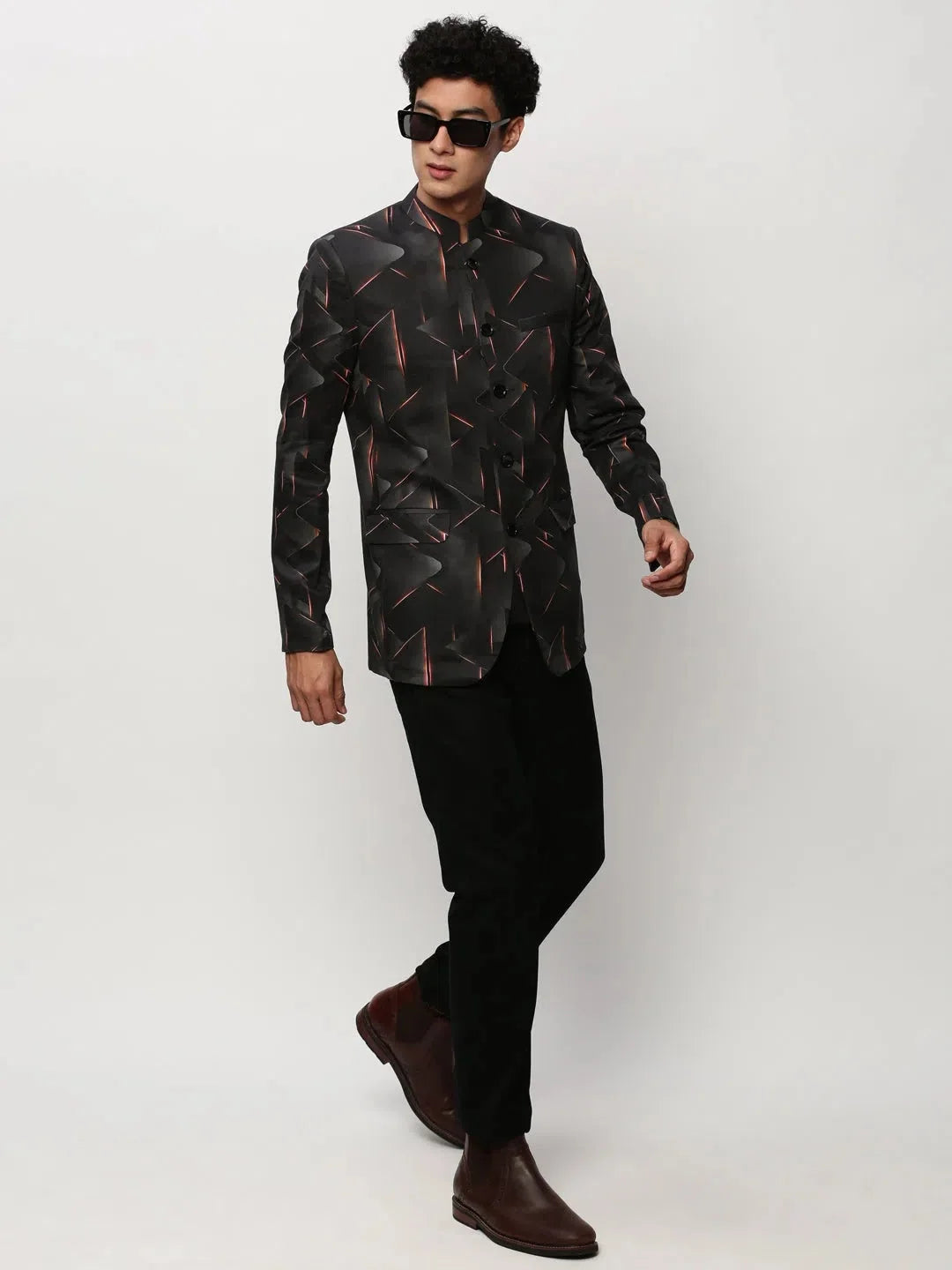 Black Printed Men's Ethnic Wear Cotton Casual Blazer | DesiQlo