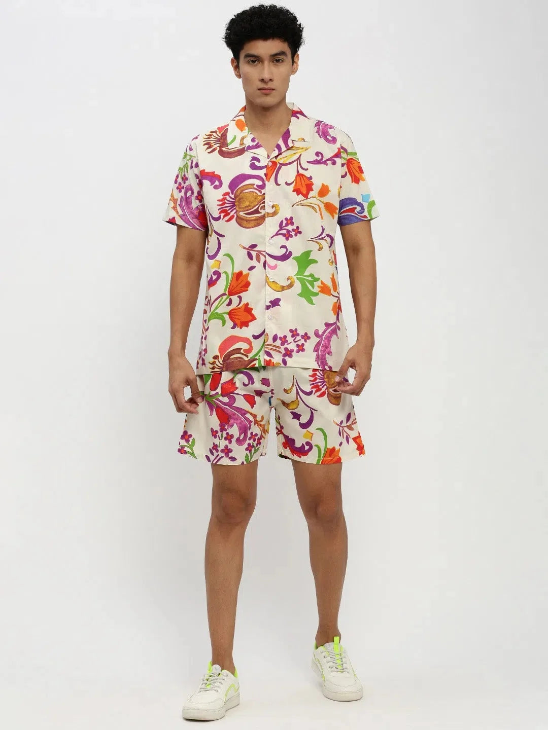 Men's Cream Printed Co ord Set | Casual Printed Co ord Set