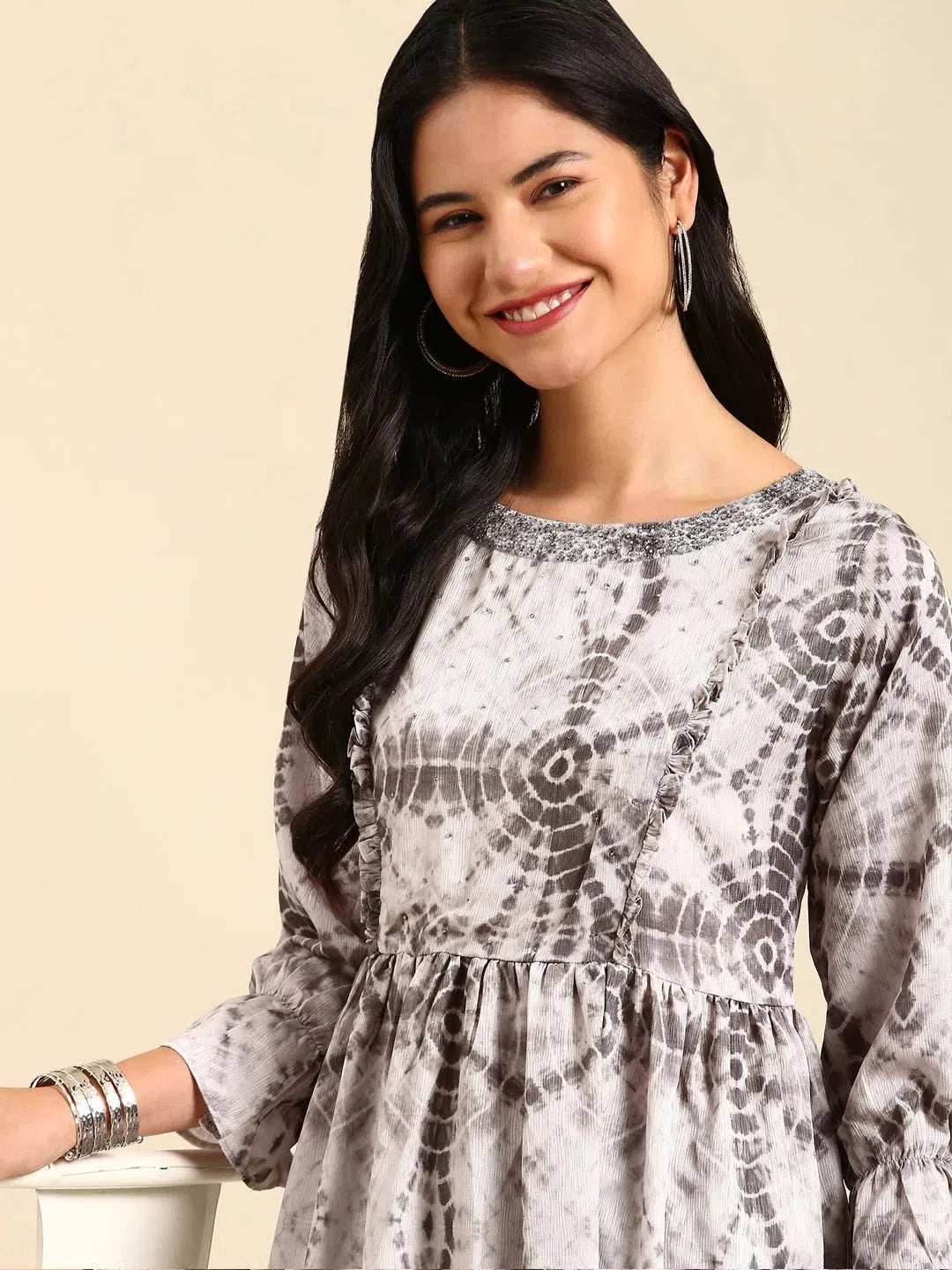 Olive Printed Polyester Anarkali Kurta | Women's Anarkali Gown