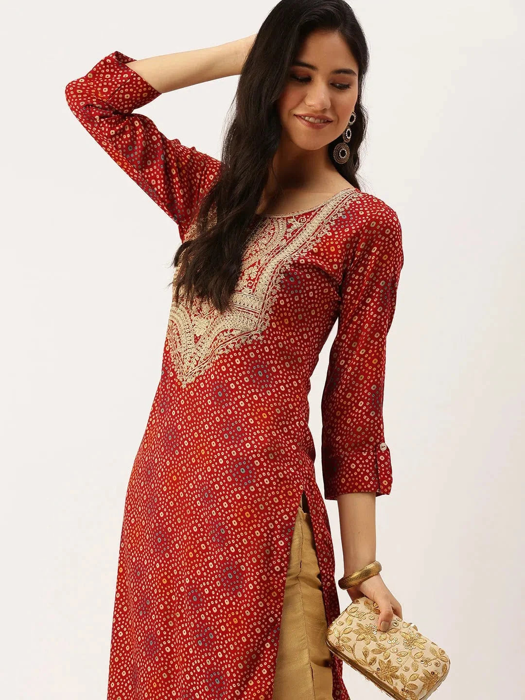 Red Printed Cotton Indian Kurta for Women - DesiQlo