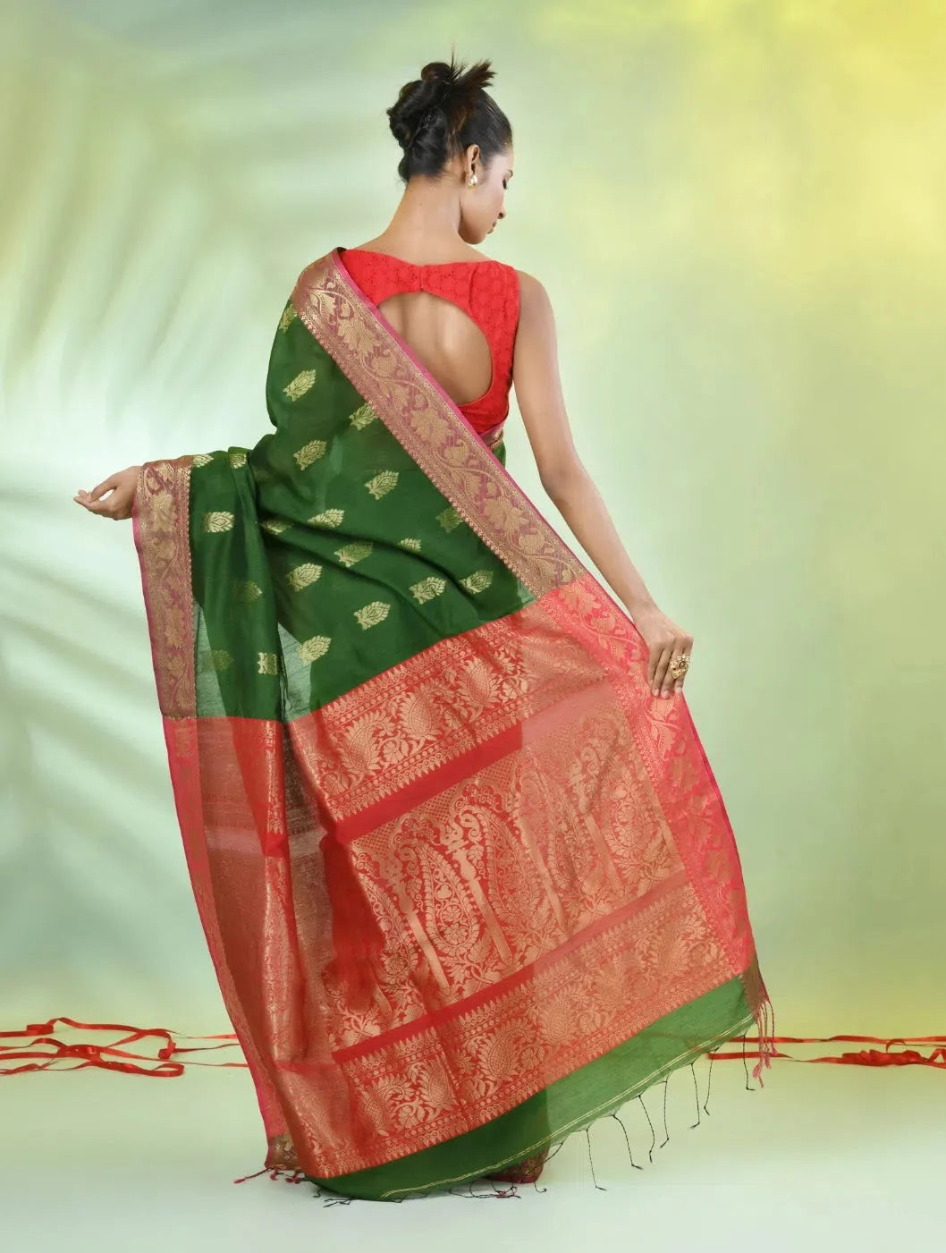 Green Cotton Indian Sari with Nakshi Zari Borders