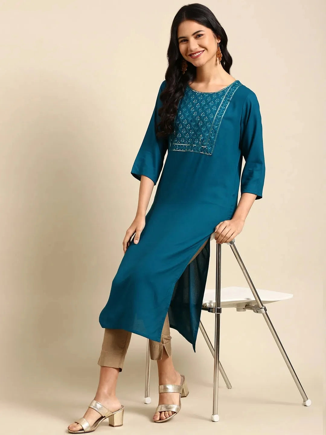 Viscose Teal Kurta | Women's Solid Indian Kurta for Women