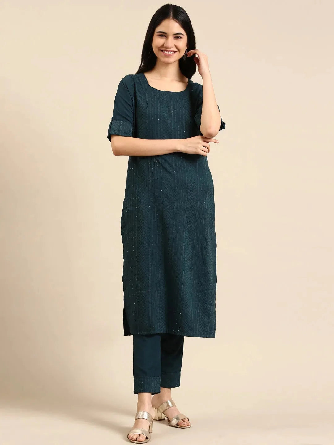 Green Printed Cotton Kurta Set | Women's Indian Kurta Set