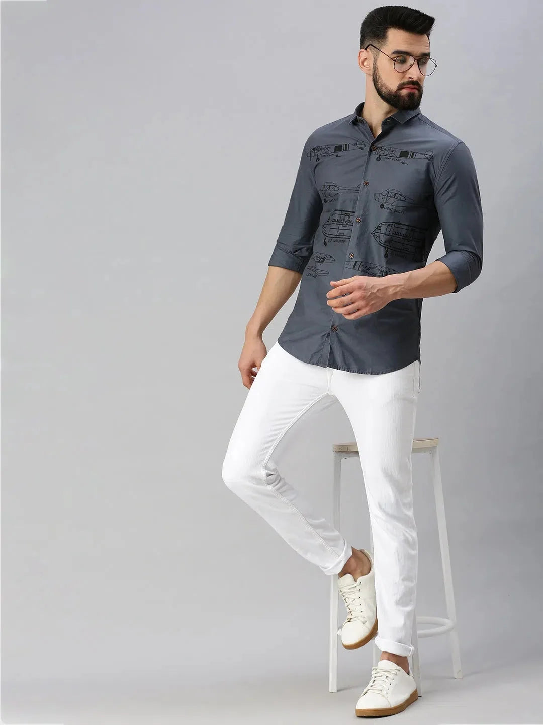 Grey Printed Mens Shirt - Cotton Casual Shirt by DesiQlo