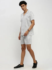 Men White Striped Co ordSet-AM-106-17-White