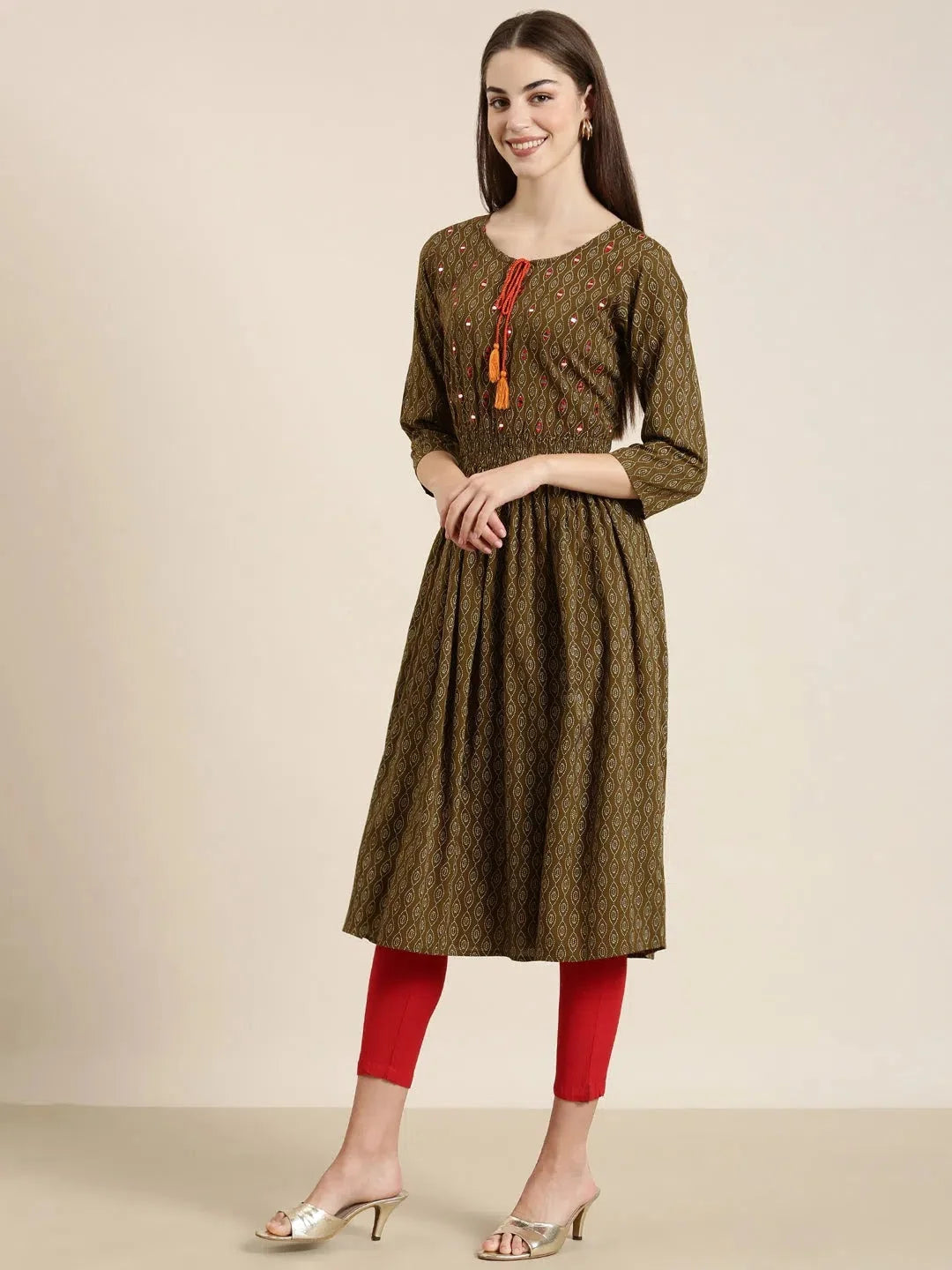 Olive Geometric Cotton Kurta - Stylish Indian Kurta for Women