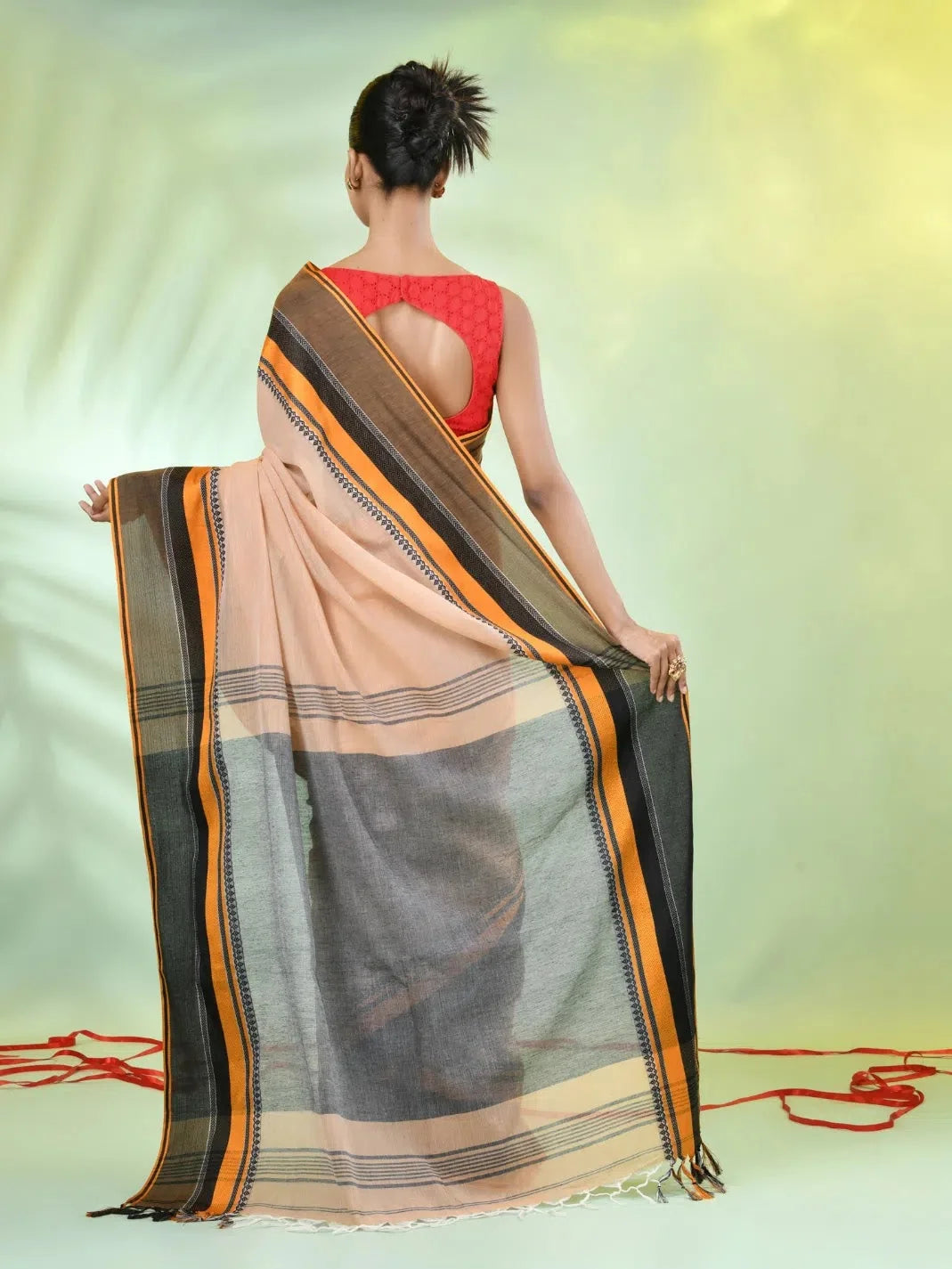 Beige Cotton Saree - Indian Sarees with Temple Border