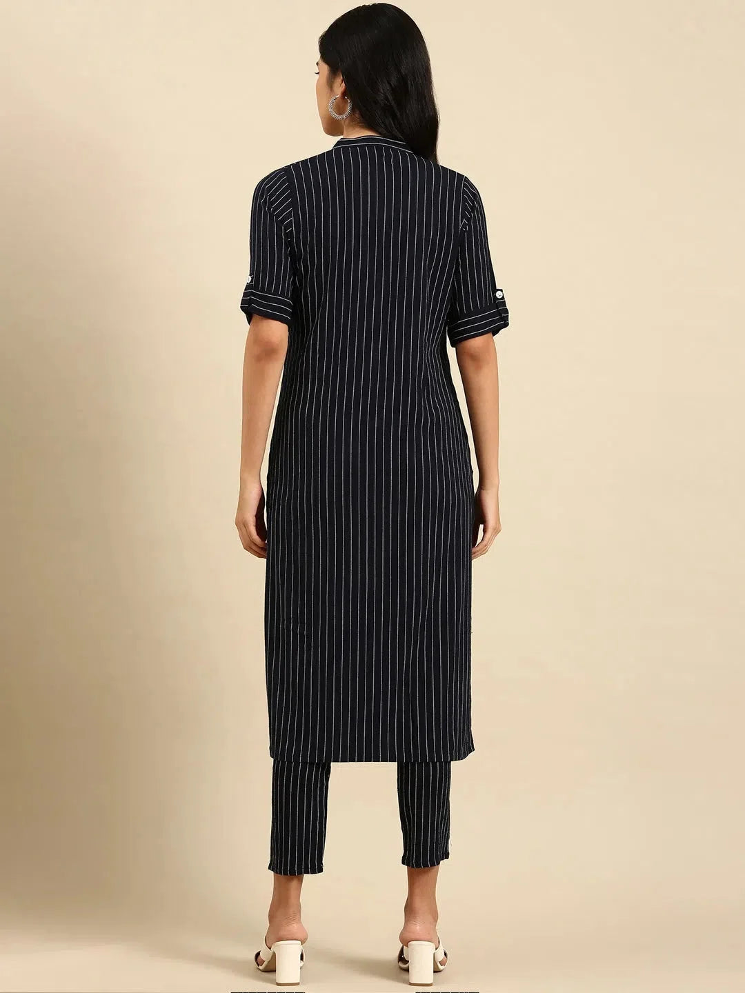 Navy Striped Viscose Kurta Set | Indian Women's Kurta Sets