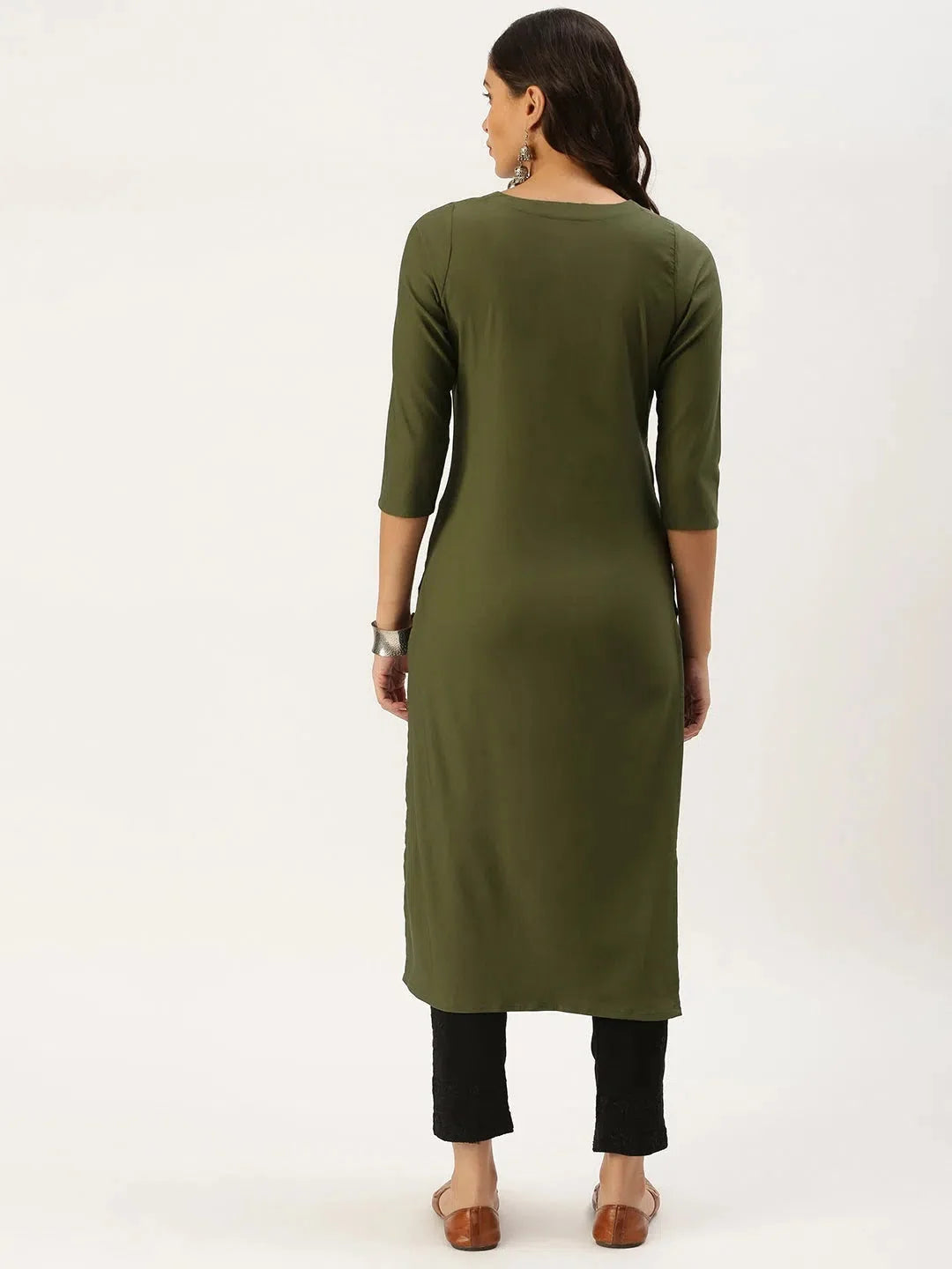 Olive Embellished Cotton Indian Kurta for Women | DesiQlo