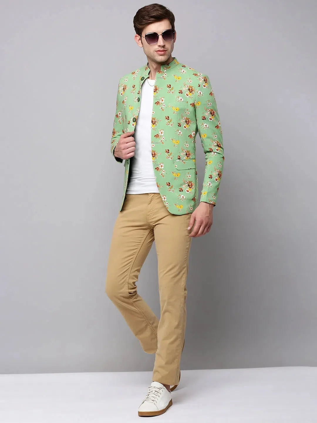 Men's Green Printed Blazer - Stylish Ethnic Nehru Jacket