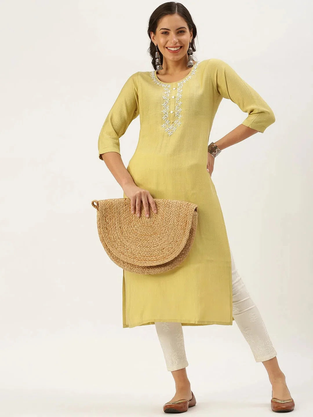 Yellow Embellished Indian Kurta - Cotton Kurti for Women