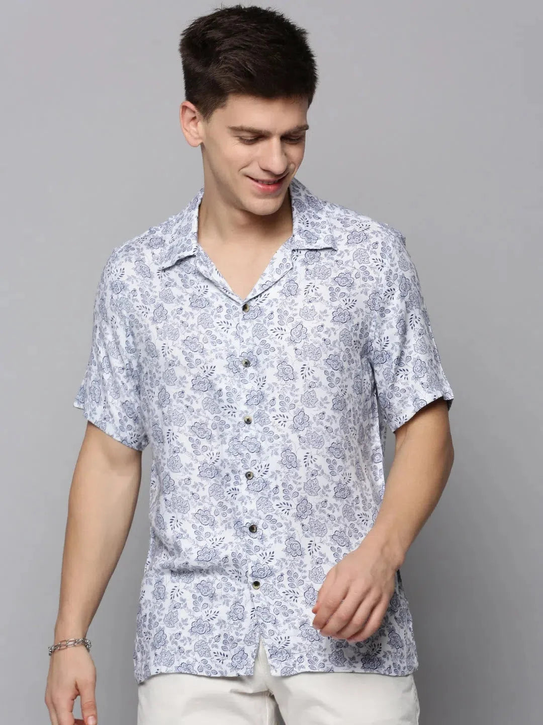 Men's White Printed Viscose Shirt | Resort Style