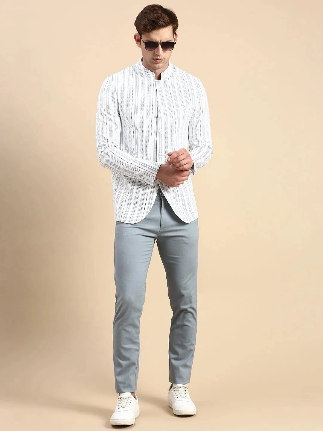 White Striped Blazer | Nehru Collar Style | Men's Ethnic Wear