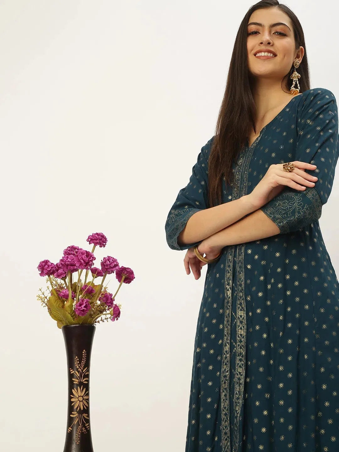 Teal Printed Anarkali Kurta for Women | DesiQlo