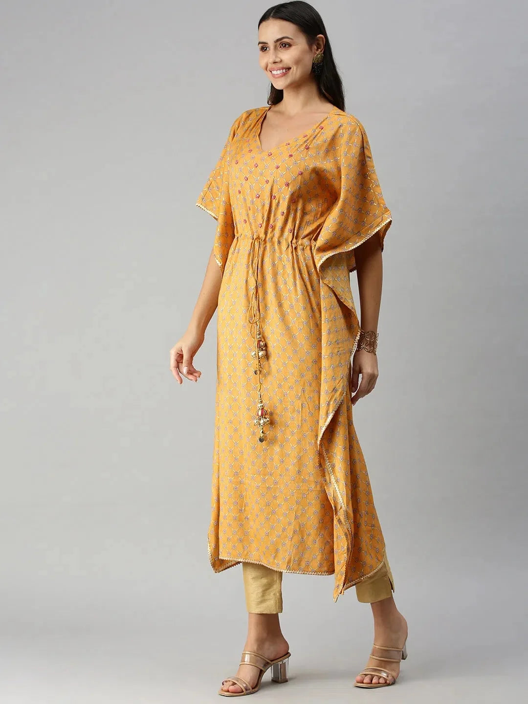 Mustard Floral Kaftan Kurta - Stylish Women's Kaftan Dresses