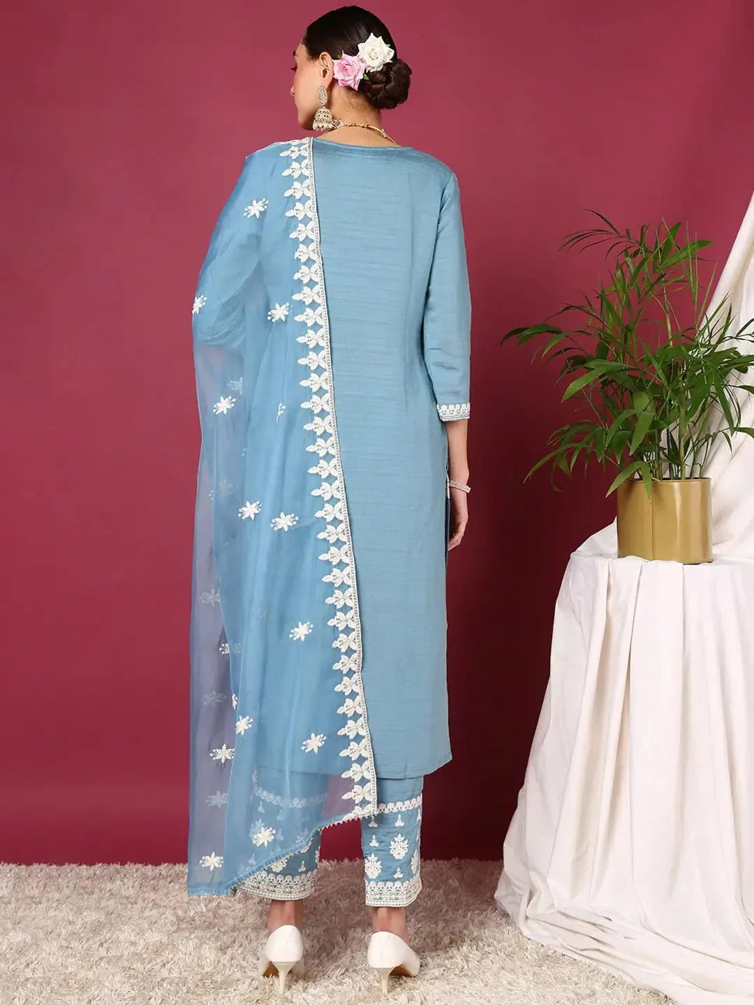 Blue Embroidered Kurta Pant Set - Women's Indian Kurta Sets - Style 1
