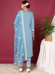 Women Blue Silk Blend Embroidered Straight Kurta Pant Set