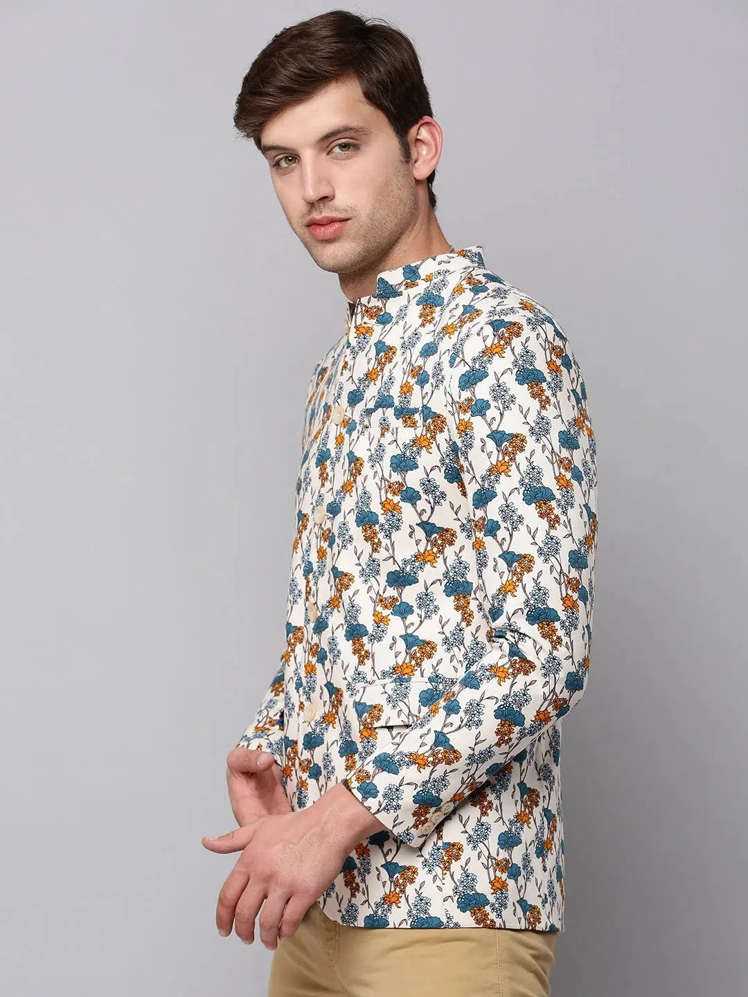 Cream Multi Printed Blazer - Men's Ethnic Wear by DesiQlo